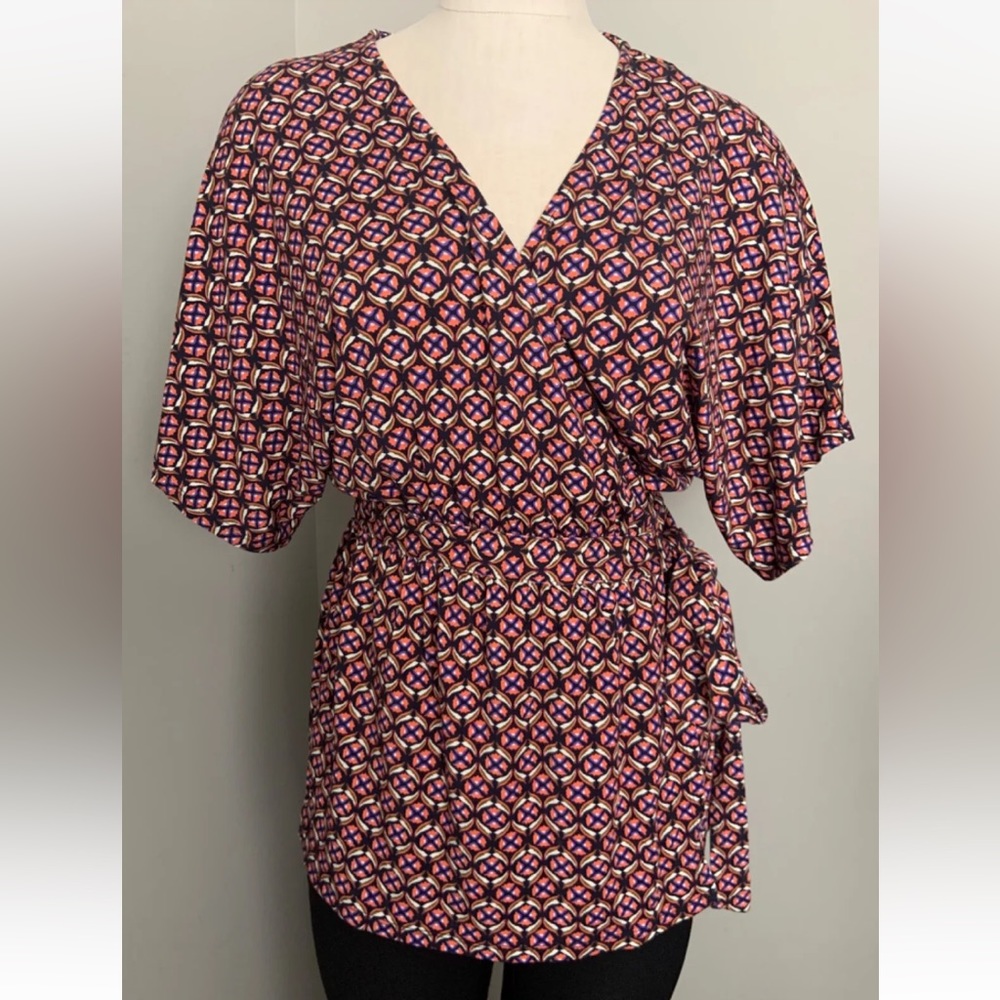 Anthropologie Blouse Women Medium Wrap Tie Geometric Office Brunch Kimono
